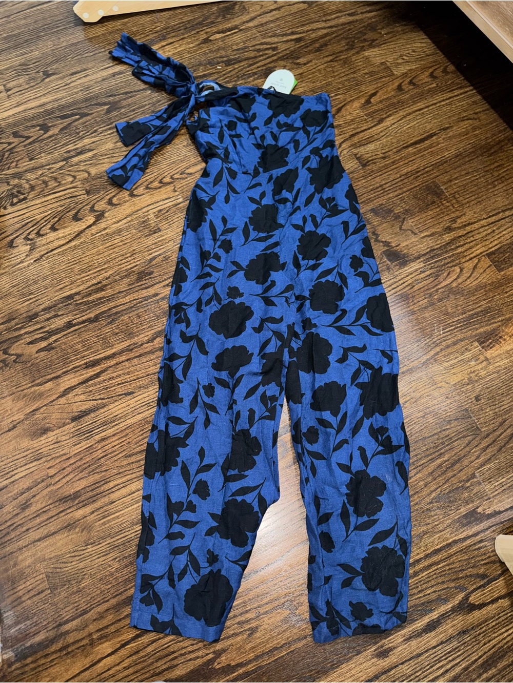 One-Shoulder Blue Floral Jumpsuit with Tie Strap